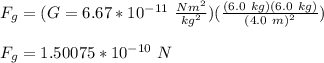 F_g=(G=6.67*10^{-11}\ \frac{Nm^2}{kg^2})(\frac{(6.0\ kg)(6.0\ kg)}{(4.0\ m)^2})\\\\F_g=1.50075*10^{-10}\ N