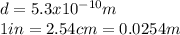 d=5.3x10^{-10} m\\1in=2.54cm=0.0254m