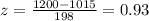 z=\frac{1200-1015}{198}=0.93