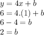 y=4x+b\\6=4.(1)+b\\6-4=b\\2=b