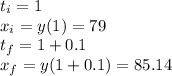 t_{i}=1\\x_{i}=y(1)=79\\t_{f}=1+0.1\\x_{f}=y(1+0.1)=85.14\\