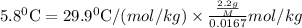 5.8^{0}\textrm{C}=29.9^{0}\textrm{C}/(mol/kg)\times \frac{\frac{2.2g}{M}}{0.0167}mol/kg