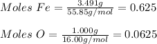 Moles\ Fe = \frac{3.491g}{55.85g/mol} =0.625\\\\Moles\ O = \frac{1.000g}{16.00g/mol} =0.0625\\