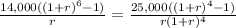 \frac{14,000((1+r)^{6}-1)  }{r} =\frac{25,000((1+r)^{4}-1)  }{r(1+r)^{4} }