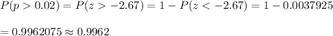 P(p0.02)=P(z-2.67)=1-P(z