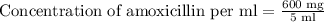 \text{Concentration of amoxicillin per ml}=\frac{\text{600 mg}}{\text{5 ml}}