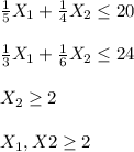 \frac {1} {5} X_ {1} + \frac {1} {4} X_ {2} \leq 20\\\\\frac {1} {3} X_ {1} + \frac {1} {6} X_ {2} \leq 24\\\\X_ {2} \geq 2\\\\X_ {1}, X{2} \geq 2\\\\