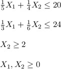 \frac {1} {5} X_ {1} + \frac {1} {4} X_ {2} \leq 20\\\\\frac {1} {3} X_ {1} + \frac {1} {6} X_ {2} \leq 24\\\\X_ {2} \geq 2\\\\X_ {1}, X_ {2} \geq 0
