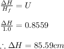 \frac{\Delta H}{H_f}=U\\\\\frac{\Delta H}{1.0}=0.8559\\\\\therefore \Delta H=85.59cm