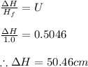 \frac{\Delta H}{H_f}=U\\\\\frac{\Delta H}{1.0}=0.5046\\\\\therefore \Delta H=50.46cm