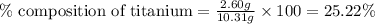 \%\text{ composition of titanium}=\frac{2.60g}{10.31g}\times 100=25.22\%