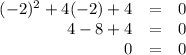 \begin{array}{rcl}(-2)^{2} + 4(-2) + 4 & = & 0\\4 - 8 + 4 & = & 0\\0 & = & 0\\\end{array}