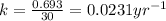 k=\frac{0.693}{30}=0.0231yr^{-1}