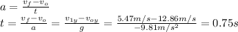 a = \frac{v_f - v_o}{t} \\t = \frac{v_f - v_o}{a} = \frac{v_{1y} - v_{oy}}{g} = \frac{5.47m/s - 12.86m/s}{-9.81m/s^2} = 0.75s