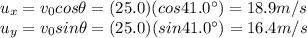 u_x = v_0 cos \theta = (25.0)(cos 41.0^{\circ})=18.9 m/s\\u_y = v_0 sin \theta = (25.0)(sin 41.0^{\circ})=16.4 m/s