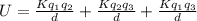 U =\frac{Kq_{1}q_{2}}{d}+\frac{Kq_{2}q_{3}}{d}+\frac{Kq_{1}q_{3}}{d}