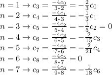 n=1 \rightarrow c_3=\frac{-4c_0}{3*2}=-\frac{2}{3} c_0\\n=2 \rightarrow c_4=\frac{-4c_1}{4*3}=-\frac{1}{3} c_1\\n=3 \rightarrow c_5=\frac{-4c_2}{5*4}=-\frac{1}{5} c_2=0\\n=4 \rightarrow c_6=\frac{-4c_3}{6*5}=-\frac{2}{15} c_3\\n=5 \rightarrow c_7=\frac{-4c_4}{7*6}=-\frac{2}{21} c_4\\n=6 \rightarrow c_8=\frac{-4c_5}{8*7}=0\\n=7 \rightarrow c_9=\frac{-4c_6}{9*8}=-\frac{1}{18} c_6