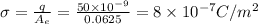 \sigma = \frac{q}{A_{e}} = \frac{50\times 10^{- 9}}{0.0625} = 8\times 10^{- 7}C/m^{2}