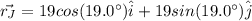 \vec{r_{J}} = 19cos(19.0^{\circ})\hat{i} + 19sin(19.0^{\circ})\hat{j}