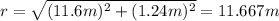 r = \sqrt{(11.6m)^{2} + (1.24m)^{2}} = 11.667m
