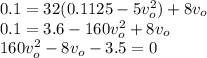 0.1 = 32(0.1125 - 5v_o^2) + 8v_o\\0.1 = 3.6 - 160v_o^2 + 8v_o\\160v_o^2 - 8v_o - 3.5 = 0