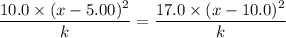 \dfrac{10.0\times(x-5.00)^2}{k}=\dfrac{17.0\times(x-10.0)^2}{k}