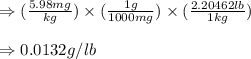\Rightarrow (\frac{5.98mg}{kg})\times (\frac{1g}{1000mg})\times (\frac{2.20462lb}{1kg})\\\\\Rightarrow 0.0132g/lb