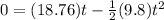 0=(18.76)t-\frac{1}{2}(9.8)t^{2}