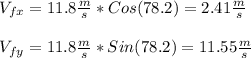 V_{fx}=11.8\frac{m}{s}*Cos(78.2)=2.41\frac{m}{s}\\\\V_{fy}=11.8\frac{m}{s}*Sin(78.2)=11.55\frac{m}{s}