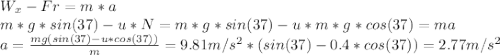 W_x - Fr = m*a\\m*g*sin(37) - u*N = m*g*sin(37) - u*m*g*cos(37) = ma\\a = \frac{mg(sin(37)-u*cos(37))}{m} = 9.81m/s^2*(sin(37)-0.4*cos(37))=2.77m/s^2