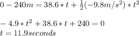 0-240m=38.6*t+\frac{1}{2}(-9.8m/s^2)*t^2\\\\-4.9*t^2+38.6*t+240=0\\t=11.9seconds