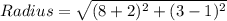 Radius =\sqrt{(8+2)^{2}+(3-1)^{2}}