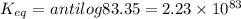 K_{eq} = antilog 83.35 = 2.23 \times 10^{83}