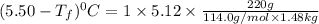 (5.50-T_f)^0C=1\times 5.12\times \frac{220g}{114.0 g/mol\times 1.48kg}