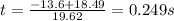 t=\frac{-13.6+18.49}{19.62}=0.249 s