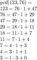 gcd(123,76)=\\123=76 \cdot 1 +47\\76=47 \cdot 1 +29\\47=29 \cdot 1 +18\\29=18 \cdot 1 +11\\18=11 \cdot 1 +7\\11=7\cdot 1 +4\\7= 4\cdot 1+3\\4 = 3 \cdot 1 +1\\3 = 1 \cdot 3 +0