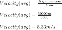 Velocity(avg)=\frac{displacement}{time} \\\\Velocity(avg)=\frac{30000m}{3600} \\\\Velocity(avg)=8.33 m/s