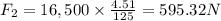 F_2=16,500\times \frac{4.51}{125}=595.32 N