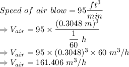 Speed\ of\ air\ blow = 95 \dfrac{ft^3}{min}\\\Rightarrow V_{air} = 95\times \dfrac{(0.3048\ m)^3}{\dfrac{1}{60}\ h}\\\Rightarrow V_{air} = 95\times (0.3048)^3\times 60\ m^3/h\\\Rightarrow V_{air} = 161.406\ m^3/h