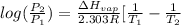 log(\frac{P_{2}}{P_{1}}) = \frac{\Delta H_{vap}}{2.303R}[\frac{1}{T_{1}} - \frac{1}{T_{2}}