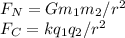 F_{N}=G m_{1}m_{2}/r^{2}\\F_{C}=k q_{1}q_{2}/r^{2}