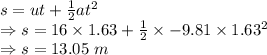 s=ut+\frac{1}{2}at^2\\\Rightarrow s=16\times 1.63+\frac{1}{2}\times -9.81\times 1.63^2\\\Rightarrow s=13.05\ m