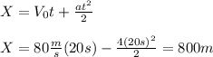 X=V_{0}t+\frac{at^{2}}{2}\\\\X=80\frac{m}{s}(20s)-\frac{4(20s)^{2}}{2}=800m
