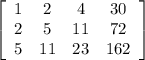 \left[\begin{array}{cccc}1&2&4&30\\2&5&11&72\\5&11&23&162\end{array}\right]