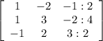 \left[\begin{array}{ccc}1&-2&-1:2\\1&3&-2:4\\-1&2&3:2\end{array}\right]