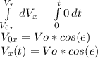\int\limits^{V_x} _{V_{0x}}{}\, dV_x =\int\limits^{t} _0{0}\, dt\\ V_{0x}=Vo*cos(e)\\ V_x(t)=Vo*cos(e)