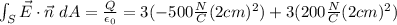 \int_{S} \vec{E}\cdot \vec{n} \;dA = \frac{Q}{\epsilon_0} = 3(-500\frac{N}{C} (2cm)^2) + 3(200\frac{N}{C} (2cm)^2)