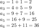 a_2 =1+1 =2\\a_3 = 4+5 =9\\a_4 = 9+7 =16\\a_5 =16+9 =25\\a_6=25+11 =36