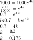 7000=1000e^{4k}\\\frac{7000}{10000}=e^{4k}\\0.7=e^{4k}\\ln0.7=lne^{4k}\\0.7=4k\\k=\frac{0.7}{4}\\k= 0.175