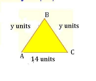 The isosceles triangle has a base that measures 14 units. the value of y, the length of each leg, mu